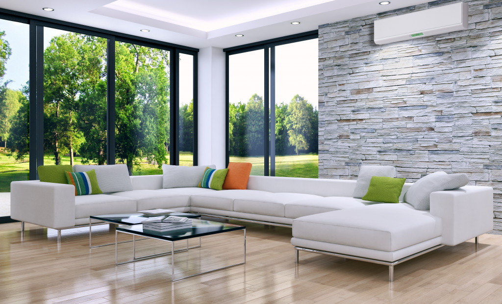 Modern bright living room with air conditioning, 3D rendering illustration